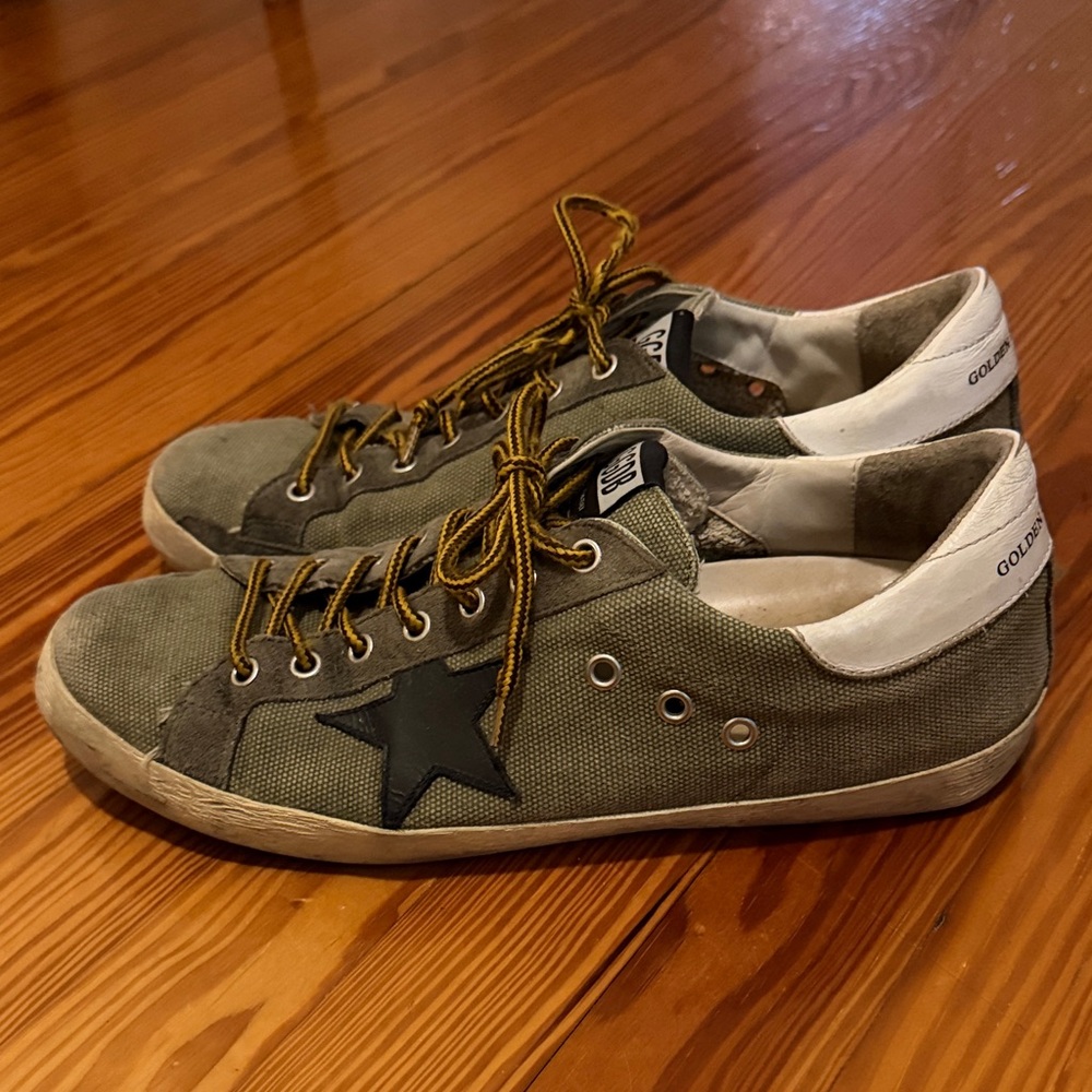 Golden Goose Olive Canvas Low-Top Sneakers with Black Star and Yellow Laces - Picture 2 of 6